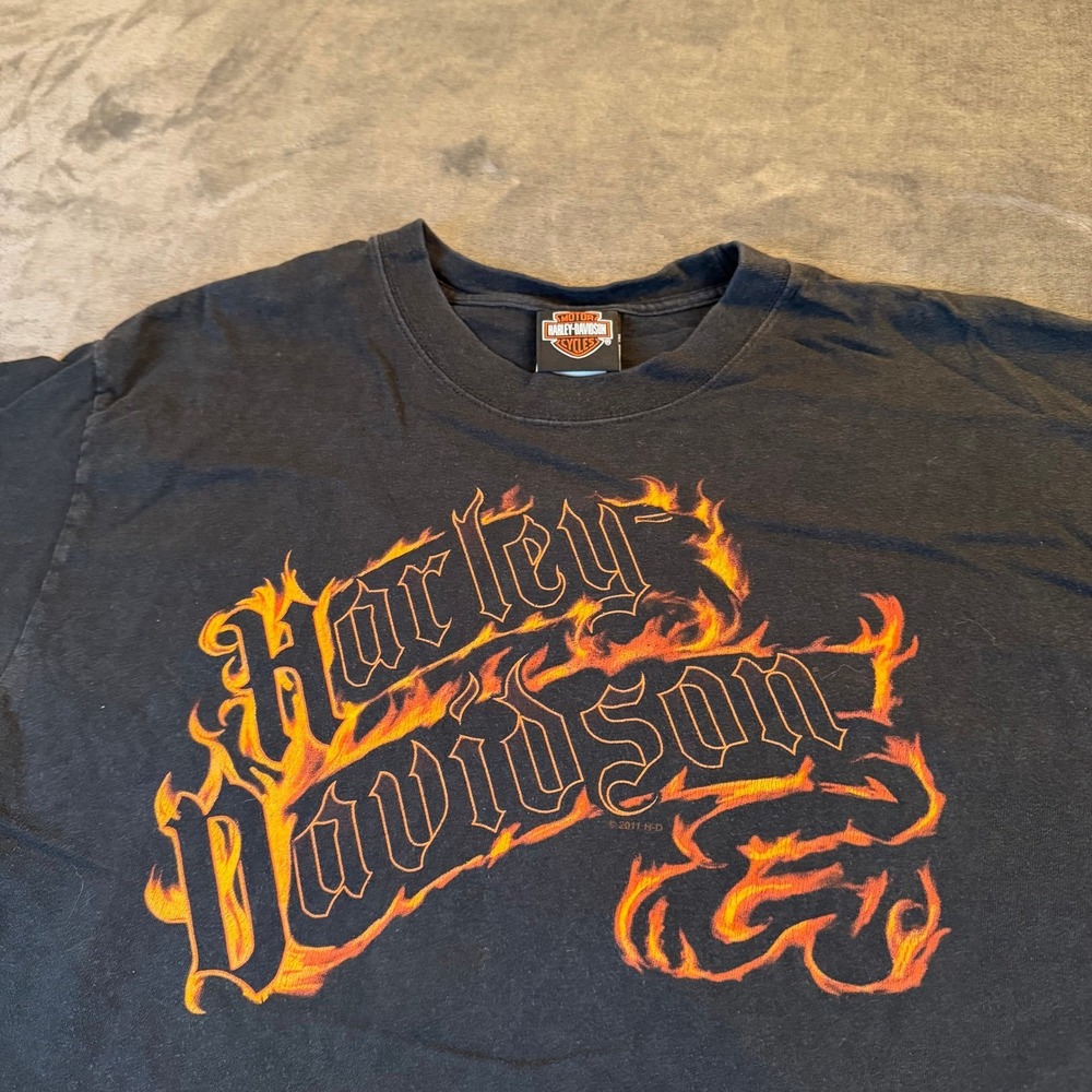 Harley Davidson Foster Tuscumbia AL T Shirt Mens Large Black Flame Graphic Tee